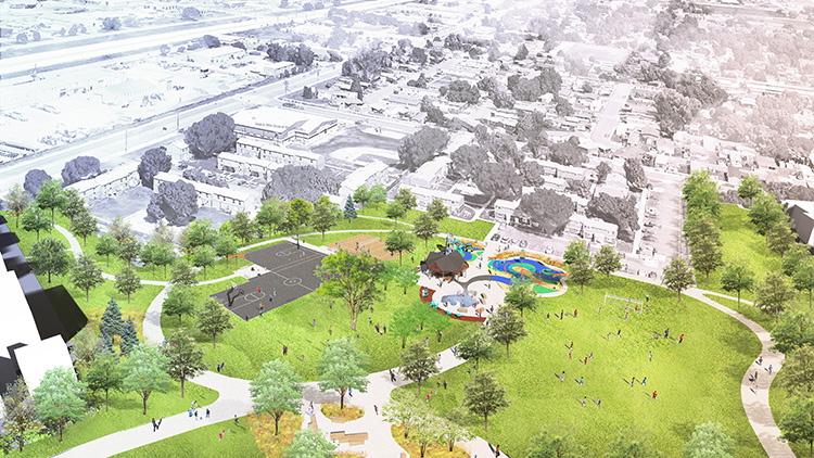 An illustration design concept showing green fields and trees, people playing soccer, walking on the paved trails, black basketball courts, trees, a playground, and a shaded pavilion.