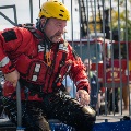 Photo of a firefighter about to be dunked in a dunk tank
