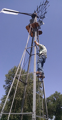 Curator-of-Historic-Sites,-Scott-Chartier,-makes-final-adjustments-to-the-historic-windmill-being-installed-at-Centennial-Village Curator-of-Historic-Sites,-Scott-Chartier,-makes-final-adjustments-to-the-historic-windmill-being-installed-at-Centennial-Village