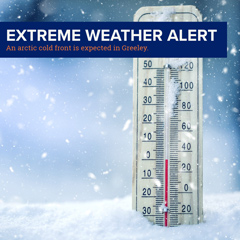Extreme weather alert graphic showing a thermometer with sub-zero temperature