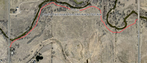 Aerial view of a map of the Poudre River Trail with a red-line trail denoting a closure.