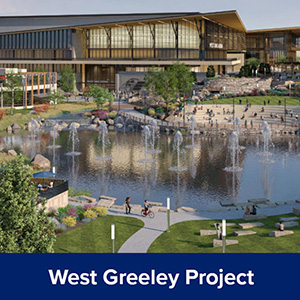 West Greeley Project architectural outdoor rendering of the main campus and water features