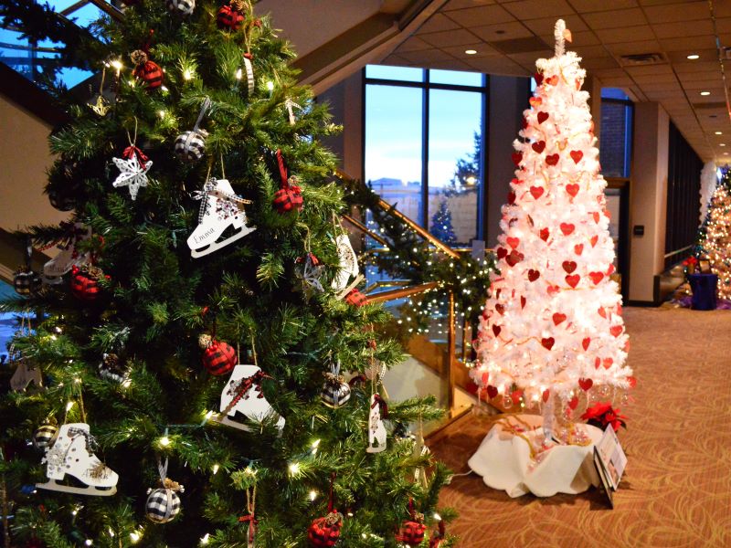 Several of the Festival of Trees displays in the Union Colony Civic Center lobby, including a tree with skate ornaments and one white tree with heart ornaments.