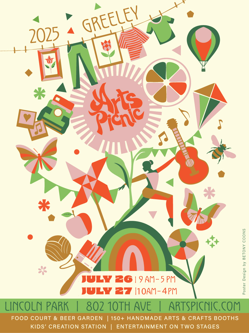 Advertisement poster for the 2025 Arts Picnic with dates, times, location, featuring the Food Court and Beer Garden, 175 handmade arts and craft booths, kid creation station, and entertainment on two stages