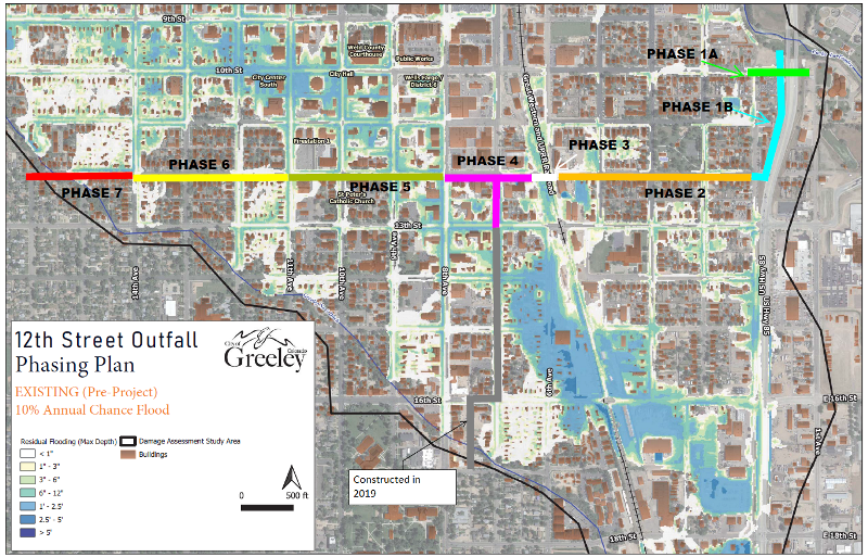 A map of downtown Greeley a showing the approximate project phasing for the 12th Street Storm Outfall project.