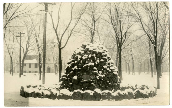 Historic Pioneer Fountain covered in snow