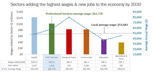 Professional Services Chart showing the average wage in this sector to be $62,778, second highest paying field in the area next to healthcare.  