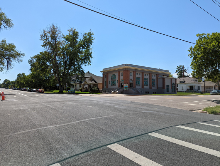 Photo of square brick church on corner in north Cranford neighborhood