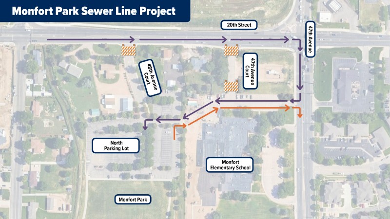 A map shows the detour routes to the north parking lot at Monfort Park