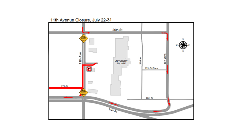 A street map shows the planned closure of 11th Avenue and corresponding detour route.