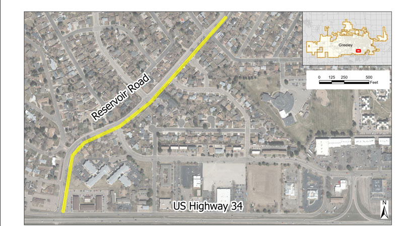 An aerial map of Greeley shows the project location along Reservoir Road