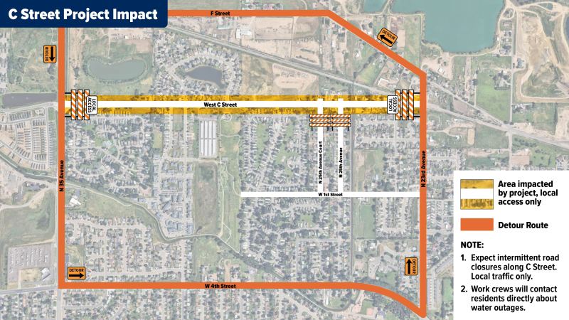 Detour map shows traffic patterns for a City of Greeley water project.