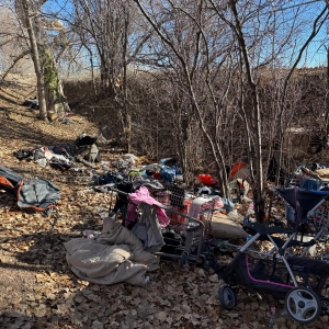 A former encampment site in a wooded area of Greeley in December 2024