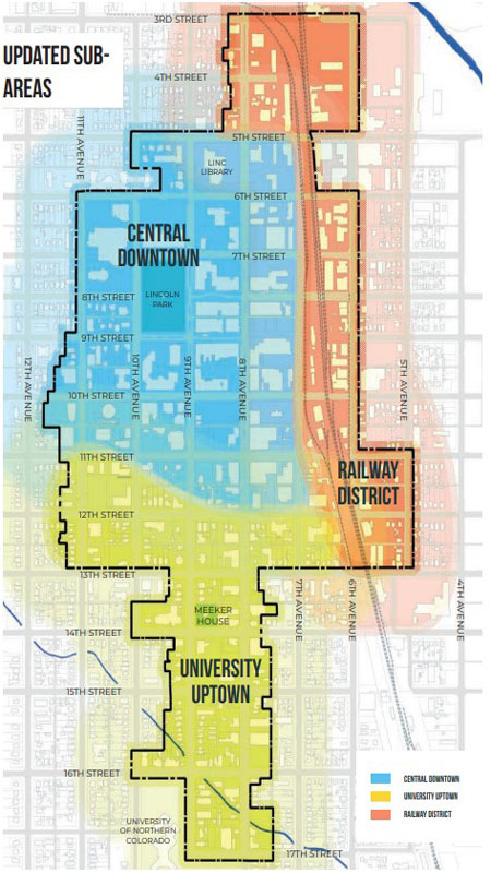 Map showing the three downtown sub-areas; Central Downtown, Railway District, and University Uptown