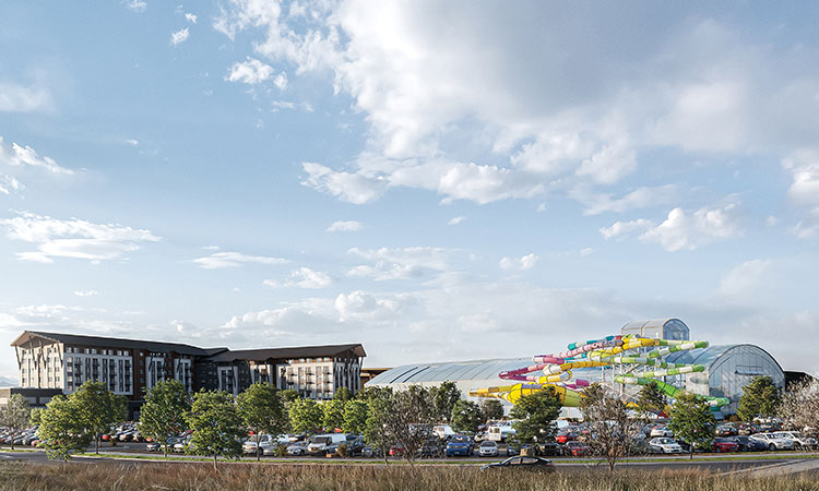 An illustration showing the proposed West Greeley Cascadia and Catalyst buildings including a hotel and conference center and waterpark. The Rocky Mountains can be seen in the background.