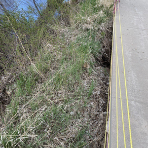 Riverbank erosion showing separation from the bank and the paved trail.