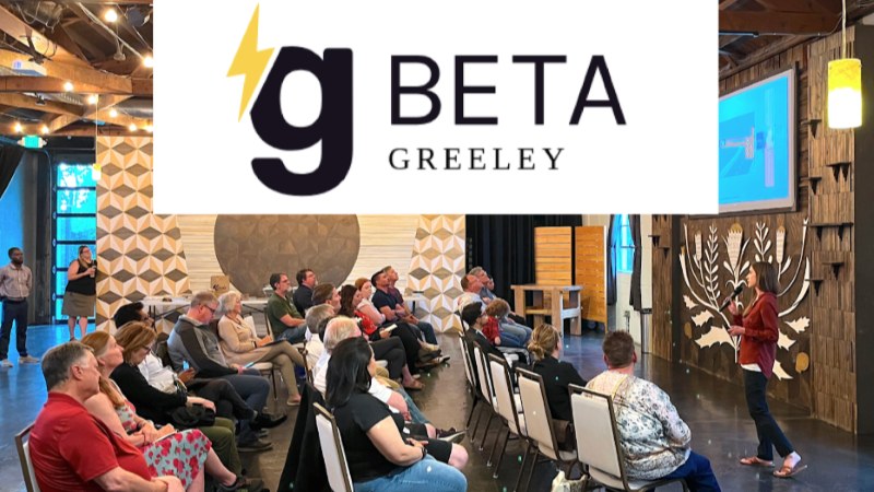 The gBETA Greeley logo overlayed on image of local founder Sara Jennings stands before a crowd, pitching her company Orion Labs.