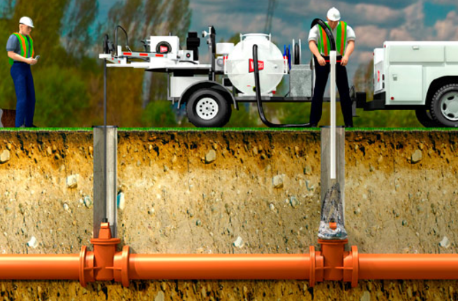 Illustration of two workers opening and closing a valve of a pipe, shown as a street cross-section